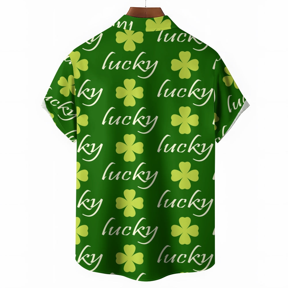 St. Patrick's Day Lucky Four Leaf Clover Casual Short Sleeve Shirt 2312000376