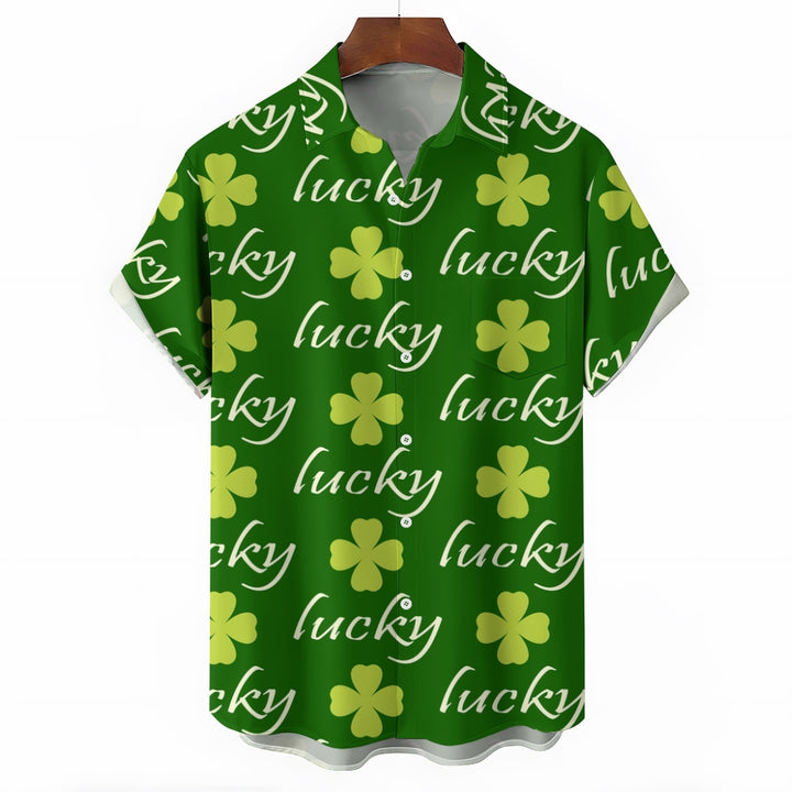 St. Patrick's Day Lucky Four Leaf Clover Casual Short Sleeve Shirt 2312000376