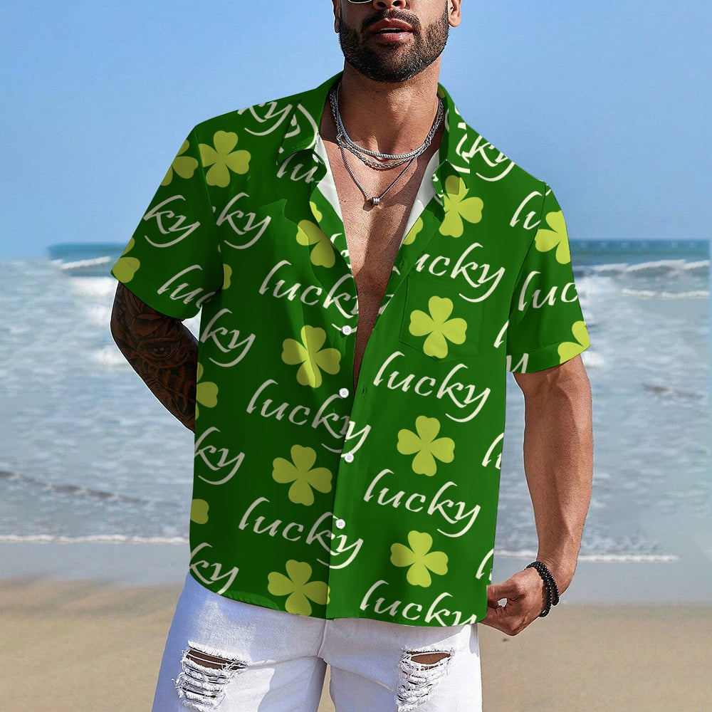 St. Patrick's Day Lucky Four Leaf Clover Casual Short Sleeve Shirt 2312000376