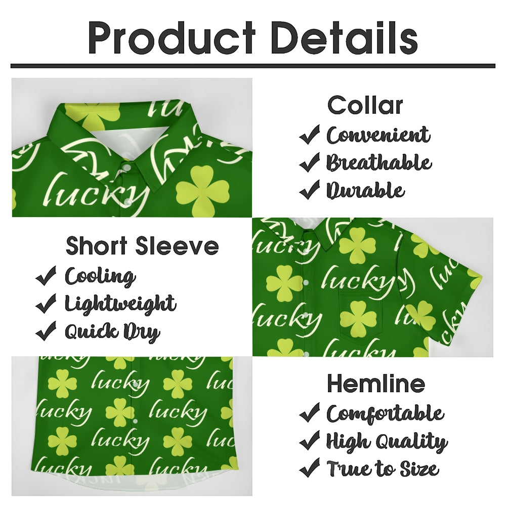 St. Patrick's Day Lucky Four Leaf Clover Casual Short Sleeve Shirt 2312000376