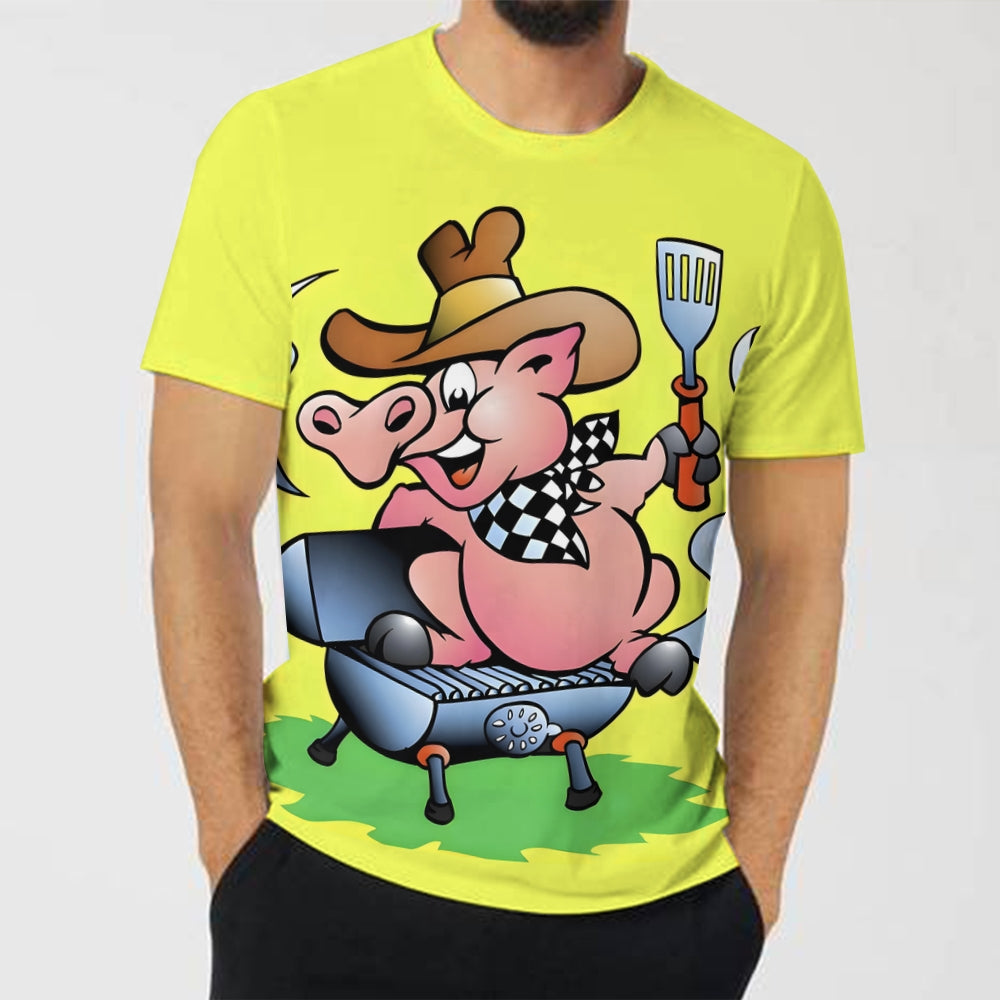 Men's Round Neck BBQ Pig Casual T-Shirt 2401000190