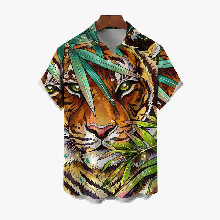 Jungle Tiger Print Oversized Cotton and Linen Short Sleeve Shirt 2406000695