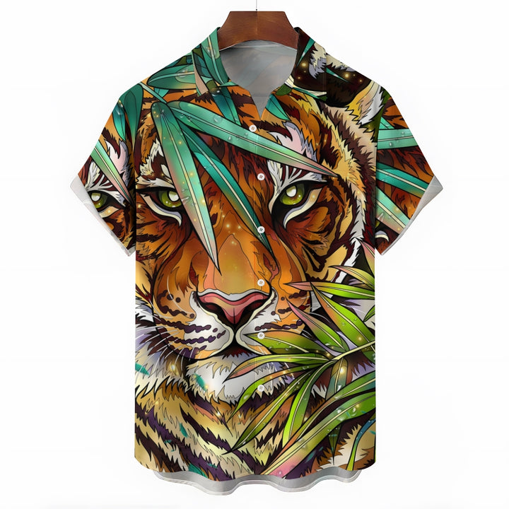 Jungle Tiger Print Oversized Cotton and Linen Short Sleeve Shirt 2406000695