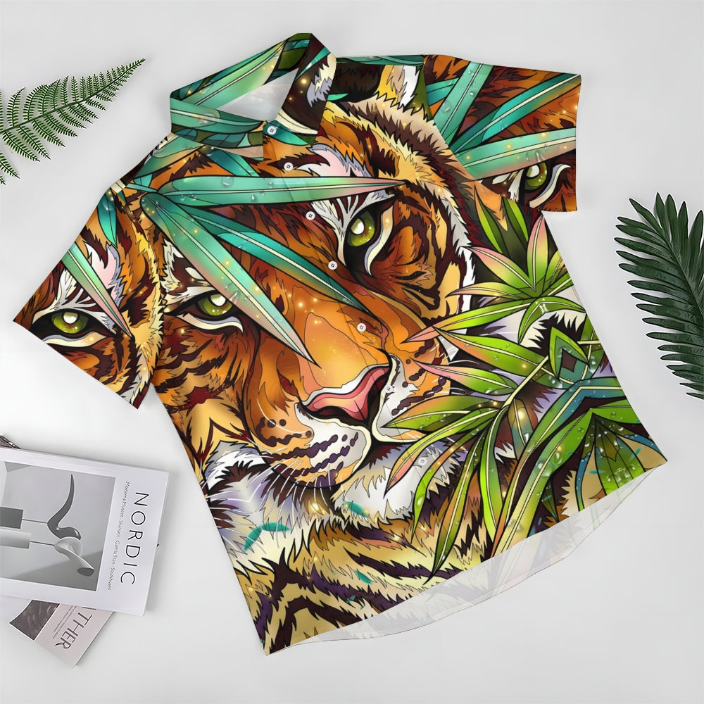 Jungle Tiger Print Oversized Cotton and Linen Short Sleeve Shirt 2406000695