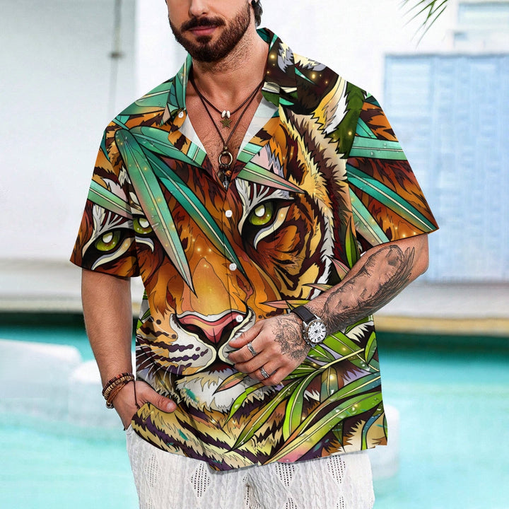 Jungle Tiger Print Oversized Cotton and Linen Short Sleeve Shirt 2406000695