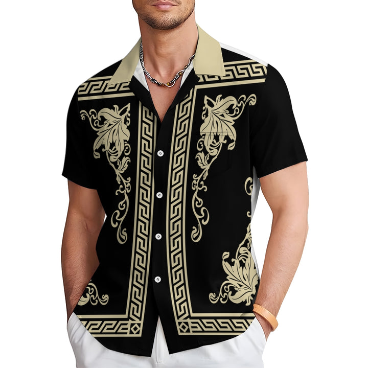 Retro Geometric Gold Floral Print  Casual Vacation Shirt 2406000698