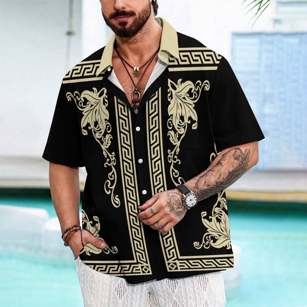 Retro Geometric Gold Floral Print  Casual Vacation Shirt 2406000698