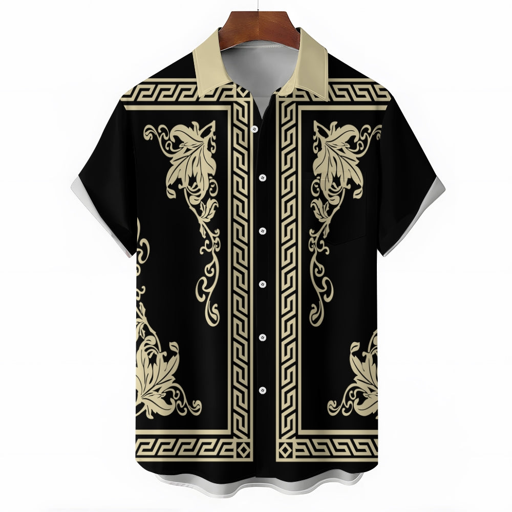 Retro Geometric Gold Floral Print  Casual Vacation Shirt 2406000698