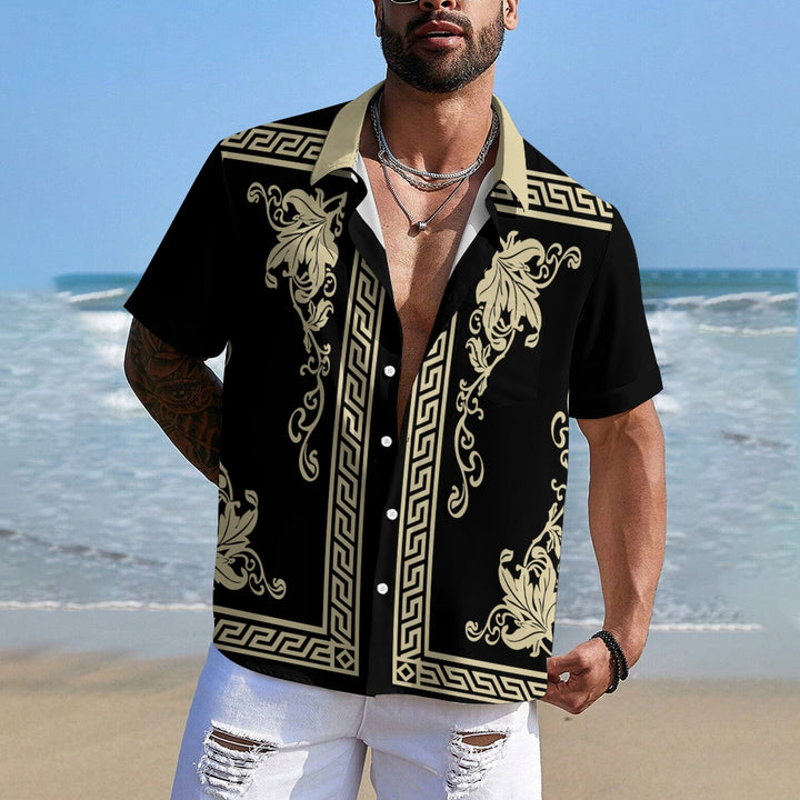 Retro Geometric Gold Floral Print  Casual Vacation Shirt 2406000698