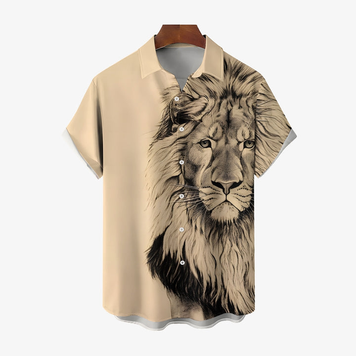 Lion King Print Vintage Casual Men's Short Sleeve Shirt 2406000701