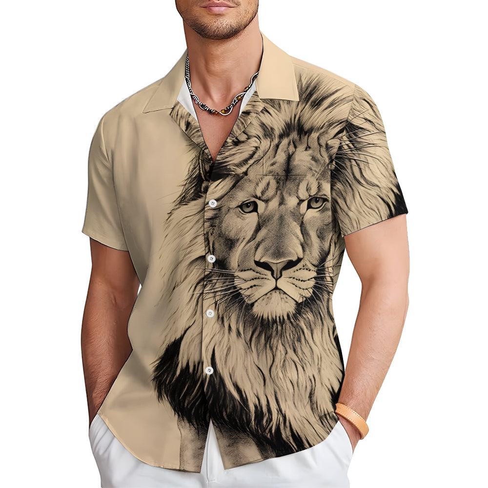 Lion King Print Vintage Casual Men's Short Sleeve Shirt 2406000701