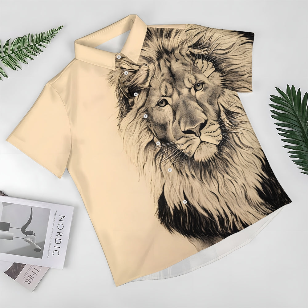 Lion King Print Vintage Casual Men's Short Sleeve Shirt 2406000701