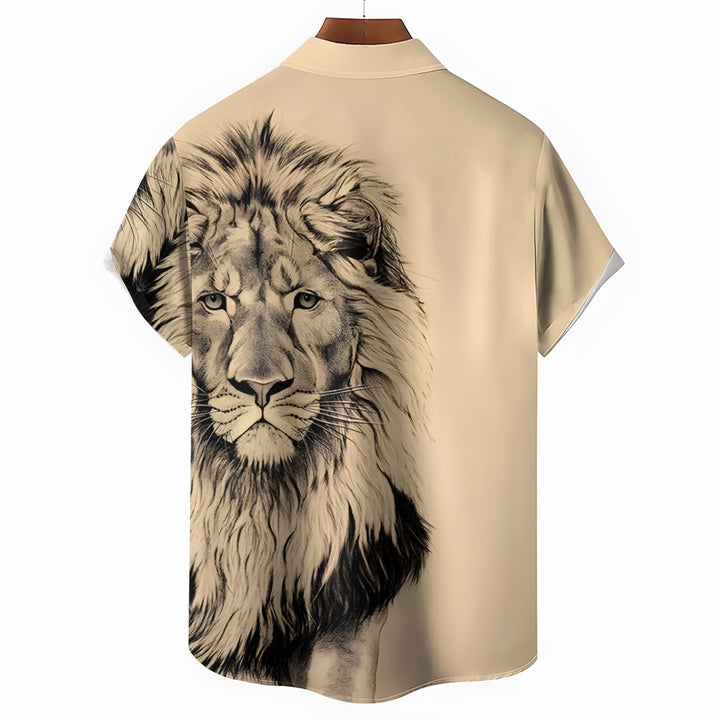 Lion King Print Vintage Casual Men's Short Sleeve Shirt 2406000701