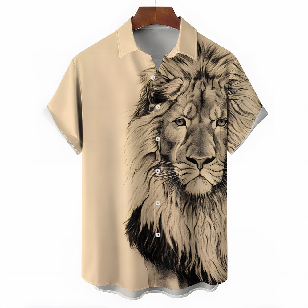 Lion King Print Vintage Casual Men's Short Sleeve Shirt 2406000701