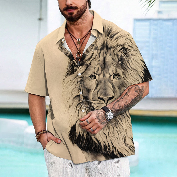 Lion King Print Vintage Casual Men's Short Sleeve Shirt 2406000701