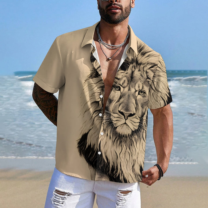 Lion King Print Vintage Casual Men's Short Sleeve Shirt 2406000701