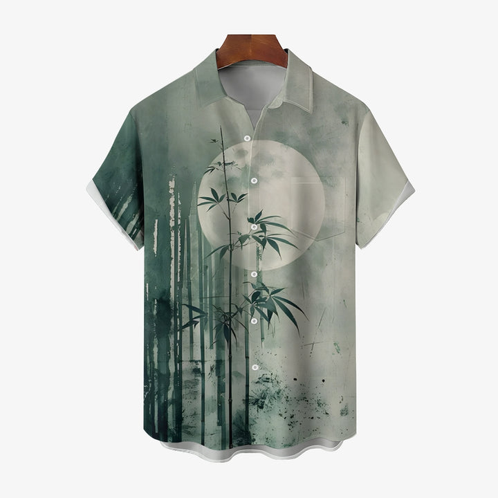 Bamboo Forest Printed Slub Linen Short Sleeve Shirt 2406000702