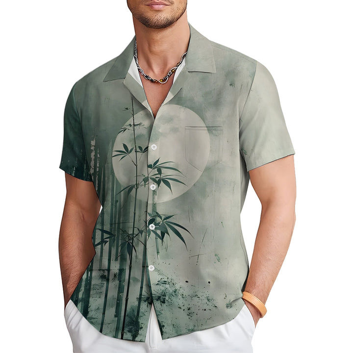 Bamboo Forest Printed Slub Linen Short Sleeve Shirt 2406000702