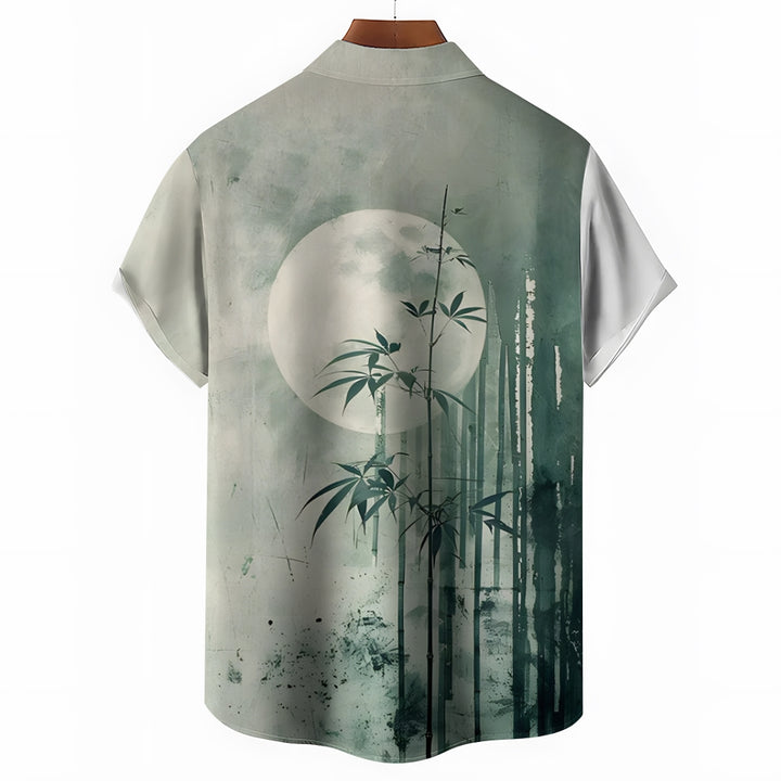 Bamboo Forest Printed Slub Linen Short Sleeve Shirt 2406000702