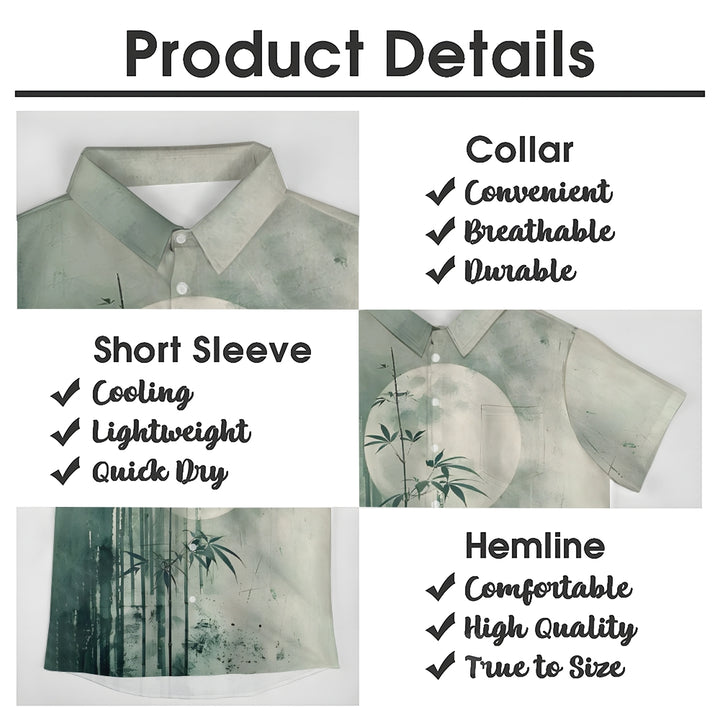 Bamboo Forest Printed Slub Linen Short Sleeve Shirt 2406000702