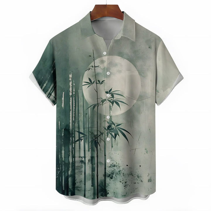 Bamboo Forest Printed Slub Linen Short Sleeve Shirt 2406000702