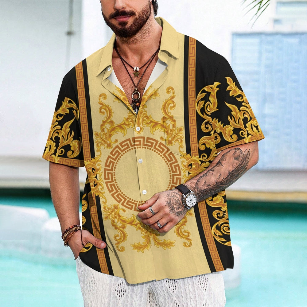 Baroque Gold Art Deco Print Casual Short Sleeve Shirt 2406000715