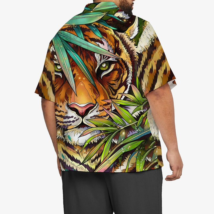 Jungle Tiger Print Oversized Cotton and Linen Short Sleeve Shirt 2406000695