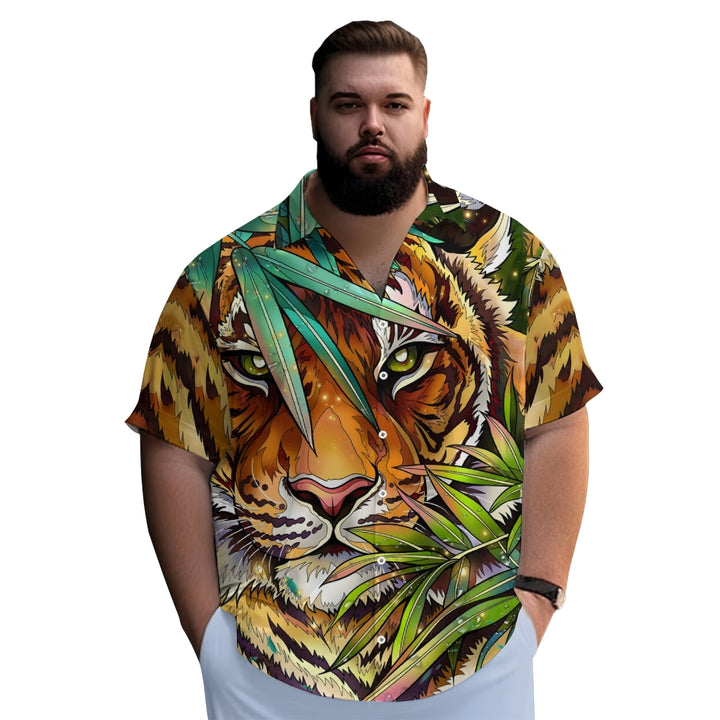 Jungle Tiger Print Oversized Cotton and Linen Short Sleeve Shirt 2406000695