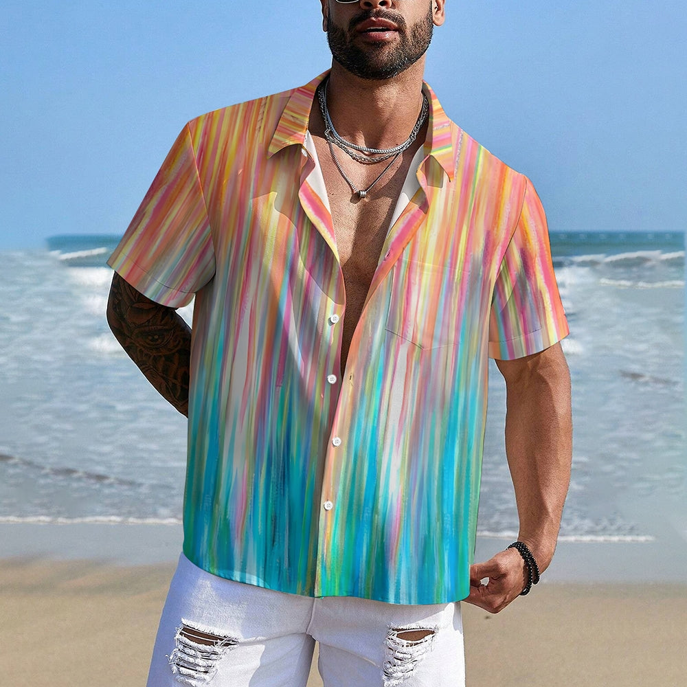 Color Gradient Large Bamboo Linen Short Sleeve Shirt 2406000852