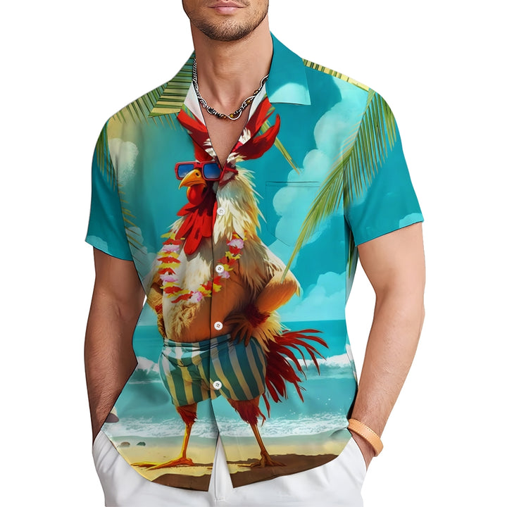 Men's Hawaiian Rooster Vacation Print Oversized Short Sleeve Shirt 2406000965