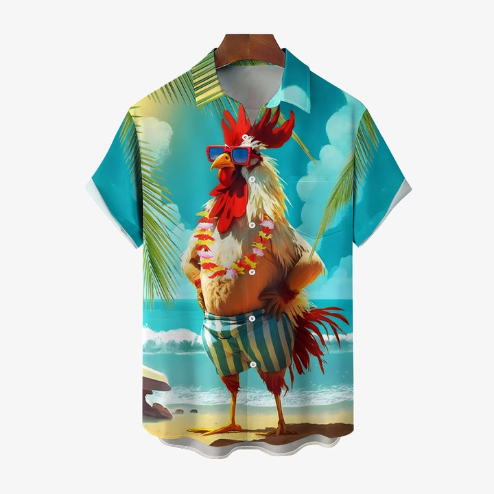 Men's Hawaiian Rooster Vacation Print Oversized Short Sleeve Shirt 2406000965