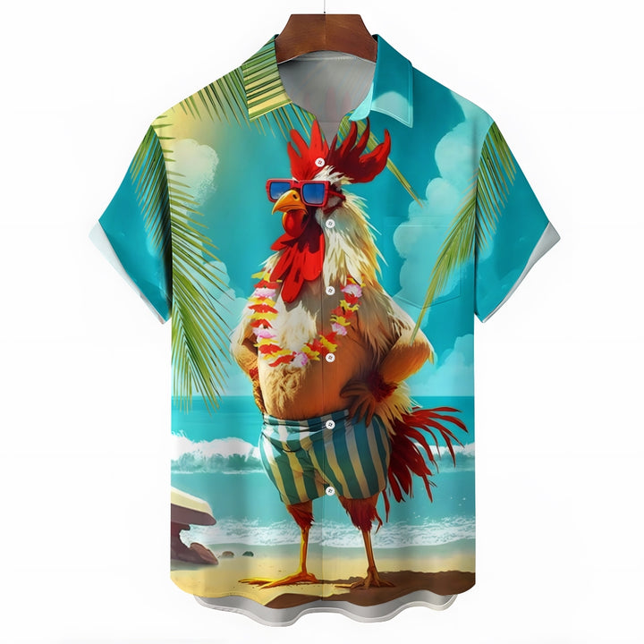 Men's Hawaiian Rooster Vacation Print Oversized Short Sleeve Shirt 2406000965