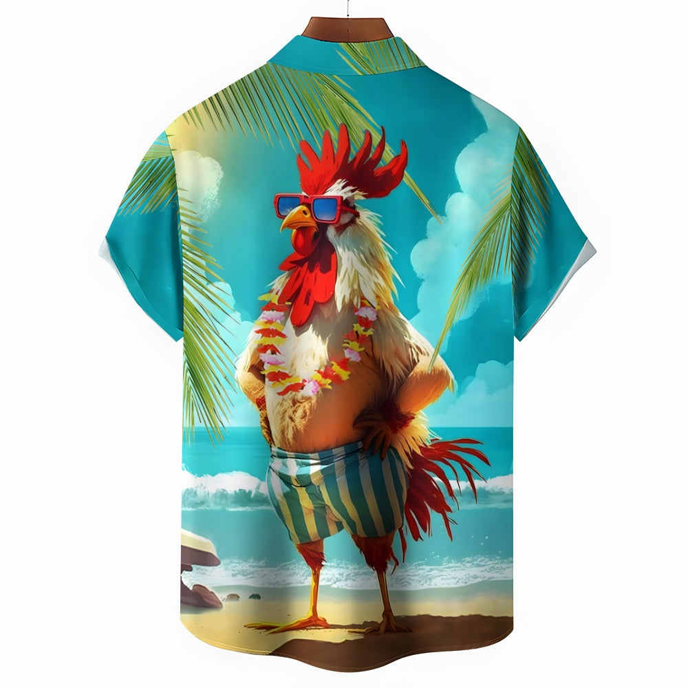 Men's Hawaiian Rooster Vacation Print Oversized Short Sleeve Shirt 2406000965