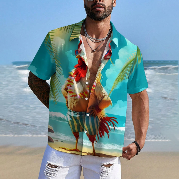 Men's Hawaiian Rooster Vacation Print Oversized Short Sleeve Shirt 2406000965