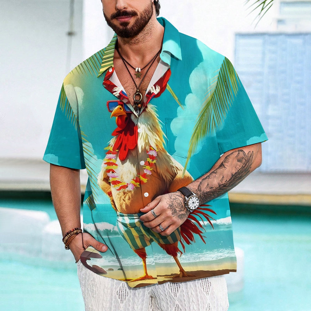 Men's Hawaiian Rooster Vacation Print Oversized Short Sleeve Shirt 2406000965