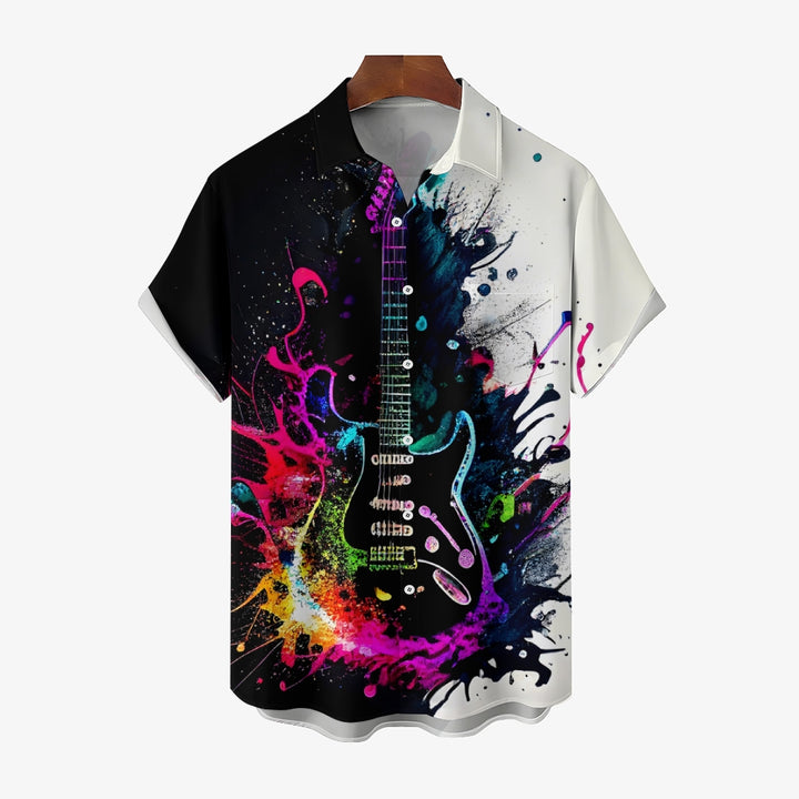 Music Guitar Print Oversized Shirt Bamboo Linen Short Sleeve Shirt 2406001094