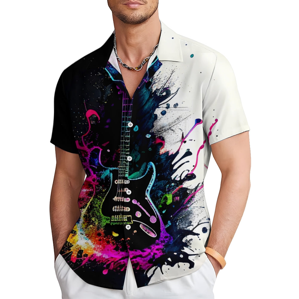 Music Guitar Print Oversized Shirt Bamboo Linen Short Sleeve Shirt 2406001094