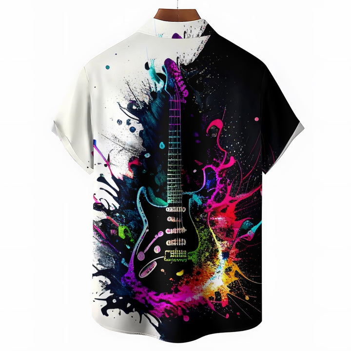 Music Guitar Print Oversized Shirt Bamboo Linen Short Sleeve Shirt 2406001094