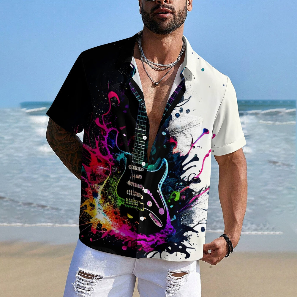 Music Guitar Print Oversized Shirt Bamboo Linen Short Sleeve Shirt 2406001094