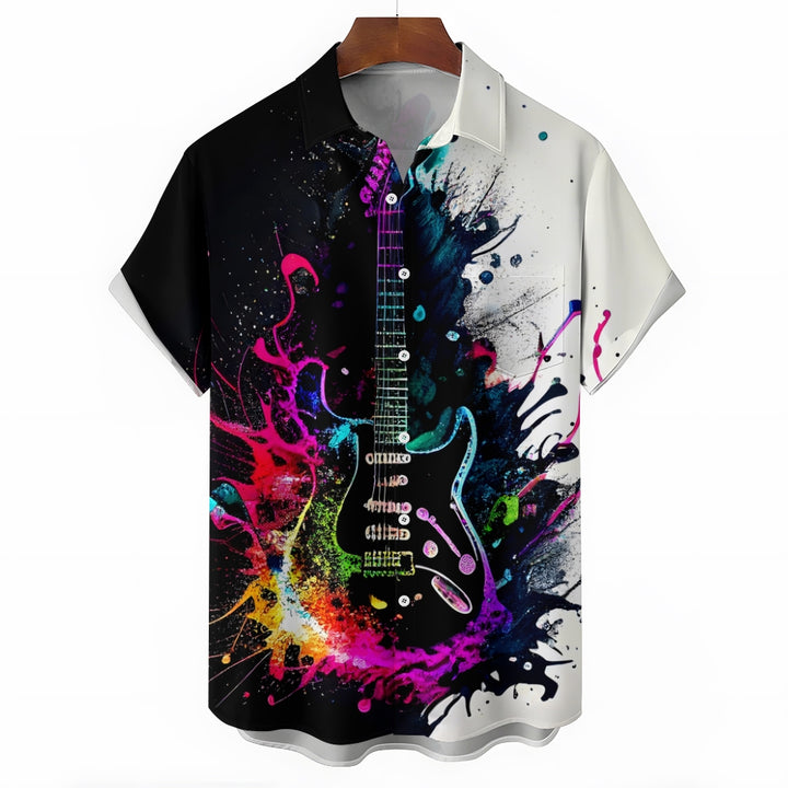 Music Guitar Print Oversized Shirt Bamboo Linen Short Sleeve Shirt 2406001094