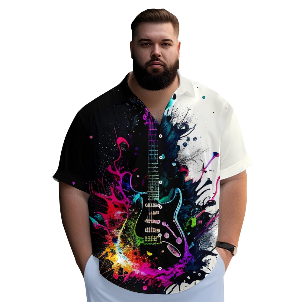 Music Guitar Print Oversized Shirt Bamboo Linen Short Sleeve Shirt 2406001094