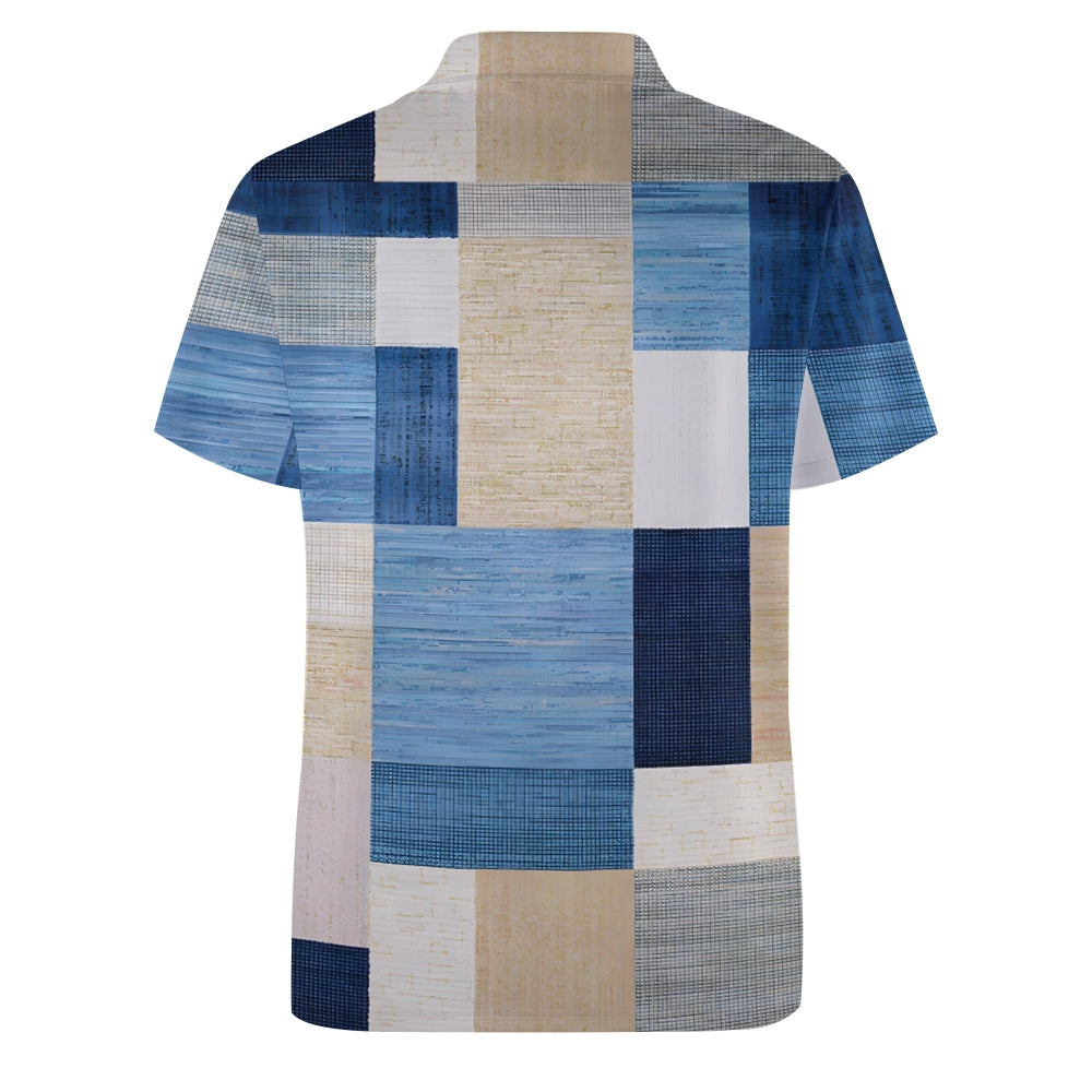Men's Button-Down Short Sleeve Fabric Panel Printed Polo Shirt 2312000162