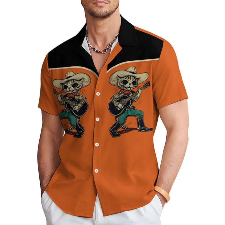 Men's Retro Western Music Cowcat Print Shirt 2406001290