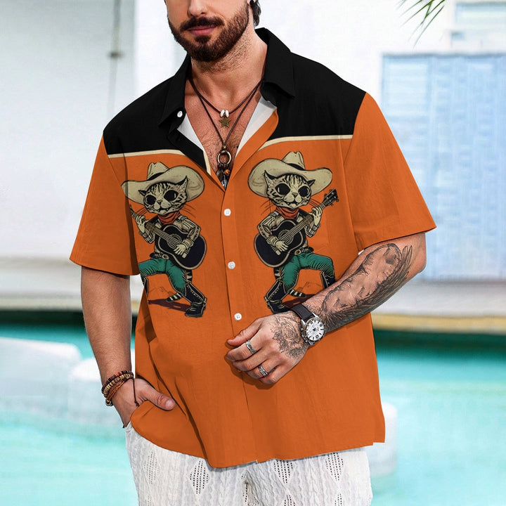 Men's Retro Western Music Cowcat Print Shirt 2406001290