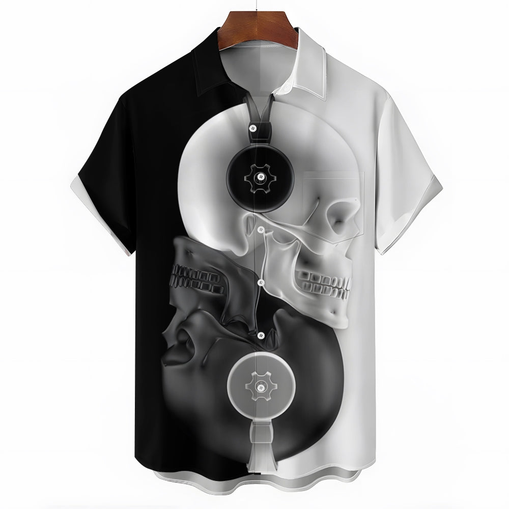 Men's 3D Color Block Skull Pattern Print Button Up Lapel Shirt 2406001314
