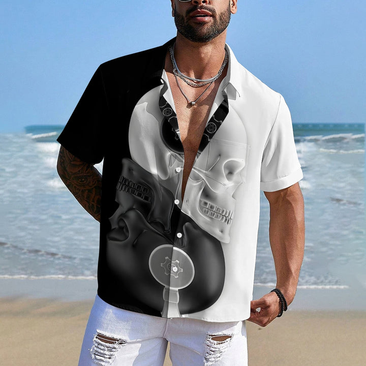 Men's 3D Color Block Skull Pattern Print Button Up Lapel Shirt 2406001314