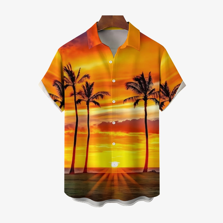 Vacation Sunset Beach Print Large Bamboo Linen Short Sleeve Shirt 2406001473