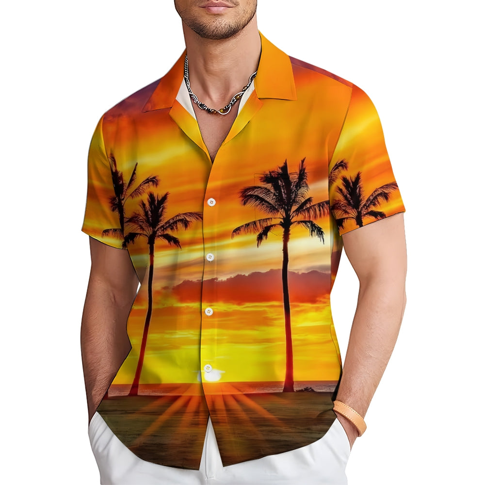 Vacation Sunset Beach Print Large Bamboo Linen Short Sleeve Shirt 2406001473