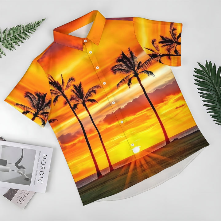 Vacation Sunset Beach Print Large Bamboo Linen Short Sleeve Shirt 2406001473