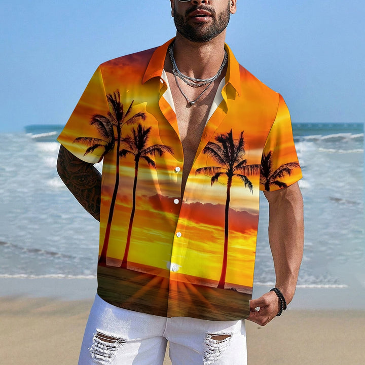 Vacation Sunset Beach Print Large Bamboo Linen Short Sleeve Shirt 2406001473